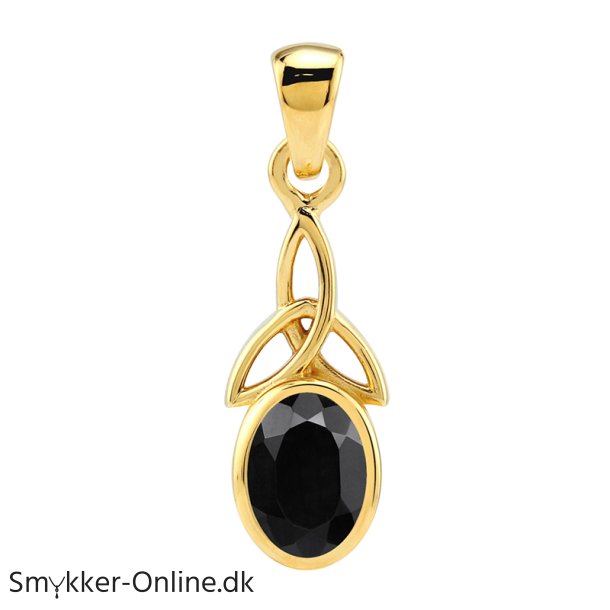 Keltisk vedhng med Sort Onyx og Treenighedssymbol - 27mm - u/kde - Forgyldt