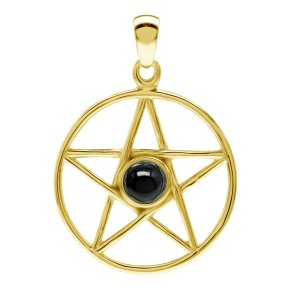 Vedhng Pentagram med Sort Onyx - 32mm u/kde - Forgyldt - 18 karat guld