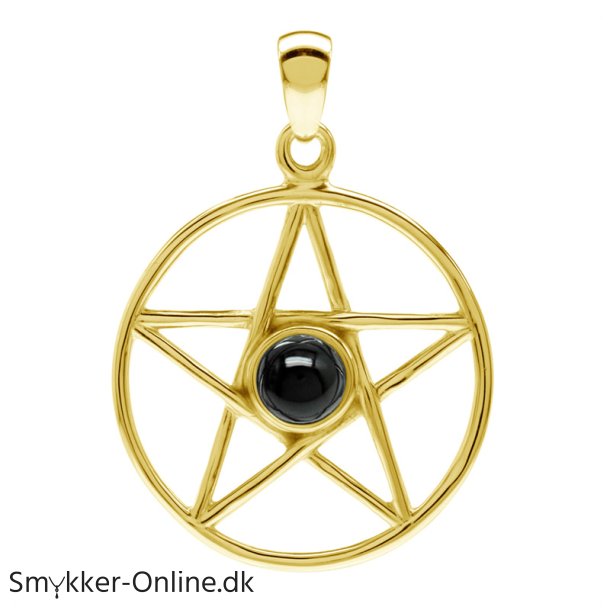Vedhng Pentagram med Sort Onyx - 32mm u/kde - Forgyldt - 18 karat guld