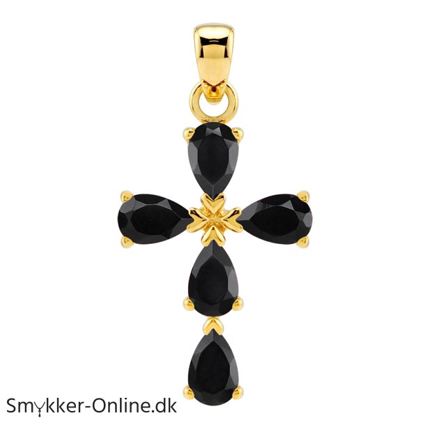 Kors med 5 Sort Onyx - 25mm - u/kde - Forgyldt