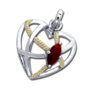 Vedhng Hjerte med Rd Granat - 27mm - u/kde