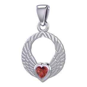 Vedhng Englevinger - med Rd Granat hjerte - 23mm - u/kde