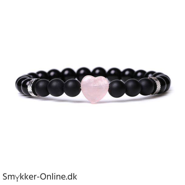 Armbnd Hjerte Rosenkvarts og Sort Agat