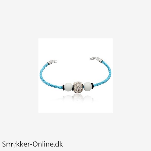 Lderarmbnd med Charm led og hvide glaskugler