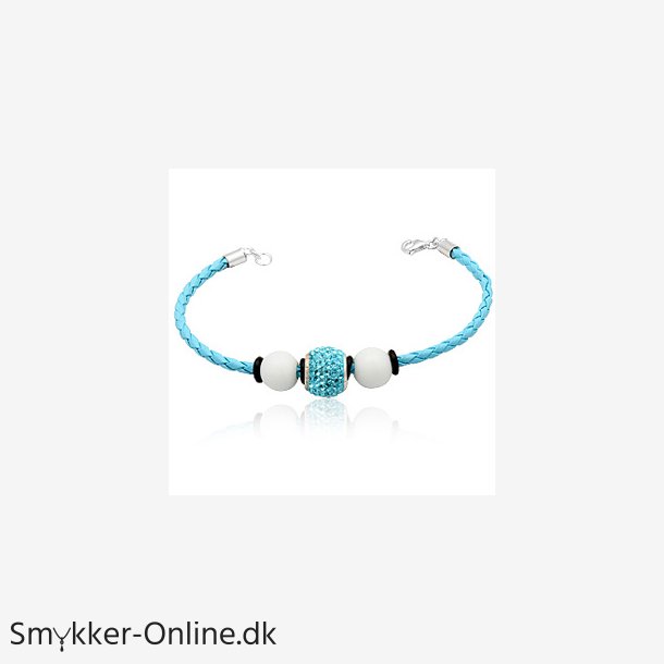 Lderarmbnd med Charm led og hvide glaskugler