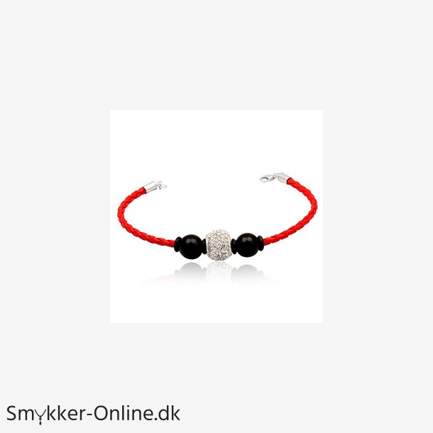 Lderarmbnd med Charm led og sorte glaskugler